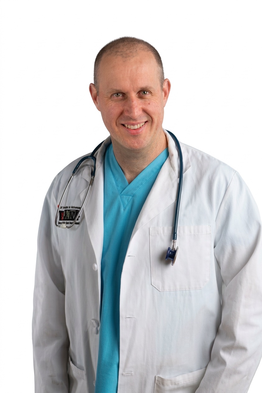 dr Konrad Malinowski w fartuchu lekarskim ze stetoskopem — chirurg ortopeda